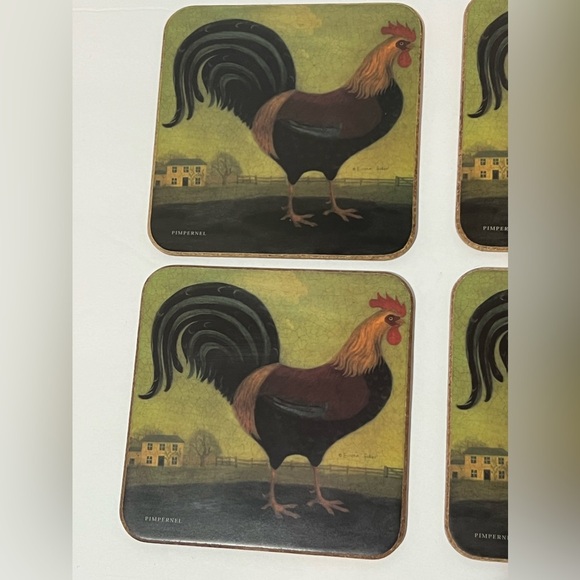 Vintage Pimpernal Set of 6 Rooster Coasters Cork Backed Chicken Farmhouse - Picture 5 of 14